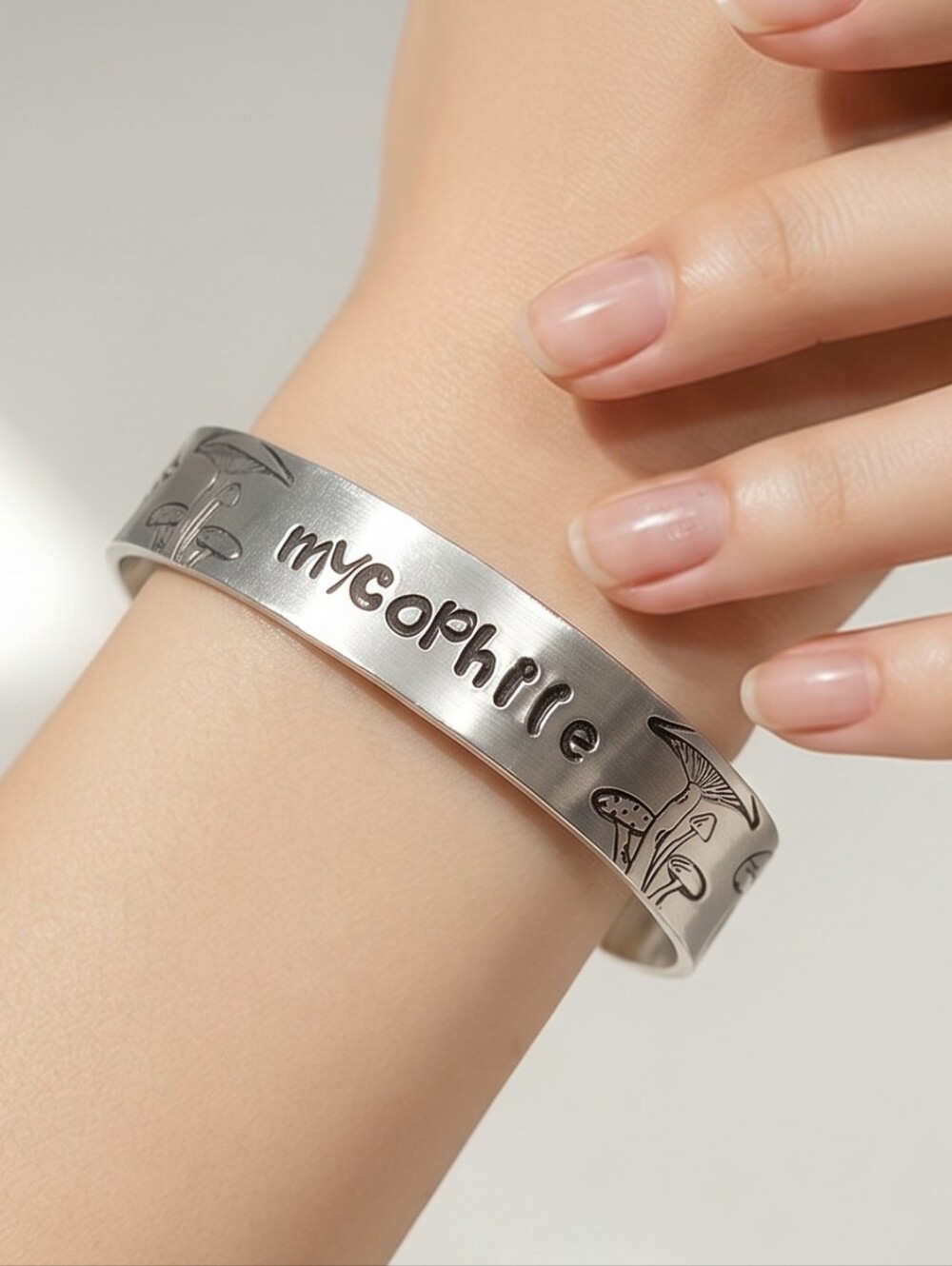 Silver Mushroom Cuff Bracelet - 'mycophile' Engraving